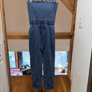 Mono B Navy Blue Jean Sweatshirt Material Strapless Jumpsuit